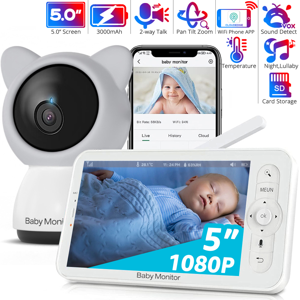 Audio Hd Music - WiFi-Babyphone mit APP, 5-Zoll-720P-Display, 1080p-Kamera, HD-Nachtsicht,